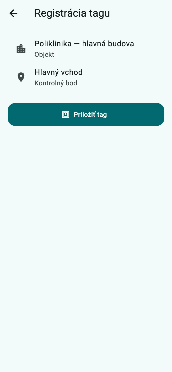 Registrácia čipu v mobilnej aplikácii s vybraným objektom a bodom