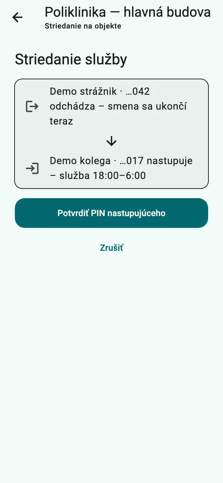 Striedanie služby: odchádzajúci, nastupujúci a tlačidlo na potvrdenie PIN-om
