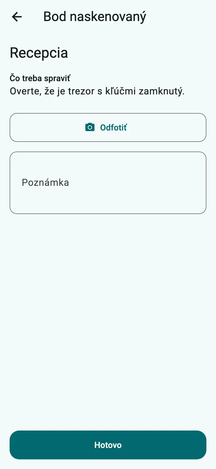 Obrazovka po skene: názov bodu, pokyny, fotka, poznámka a tlačidlo Hotovo