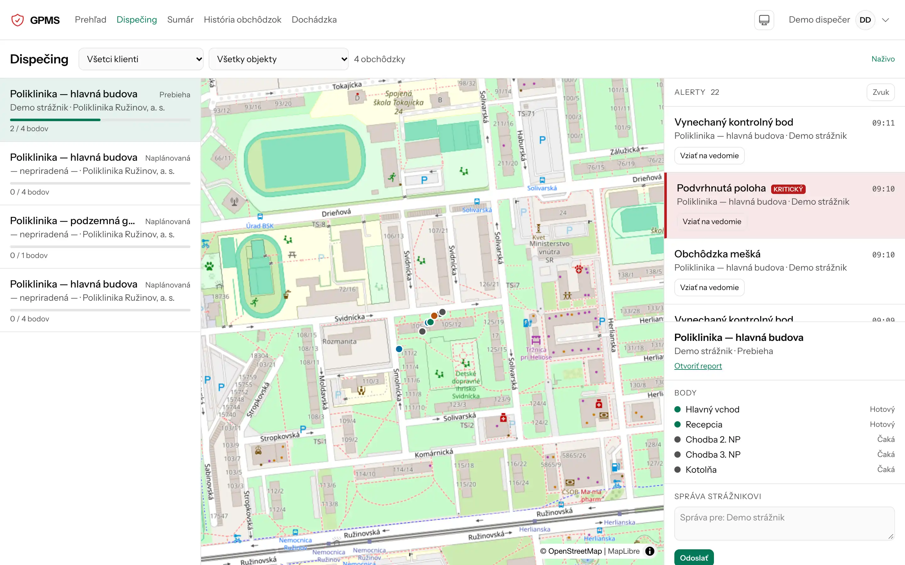 Dispečing so zoznamom obchôdzok, mapou objektu, prúdom hlásení a detailom vybranej obchôdzky