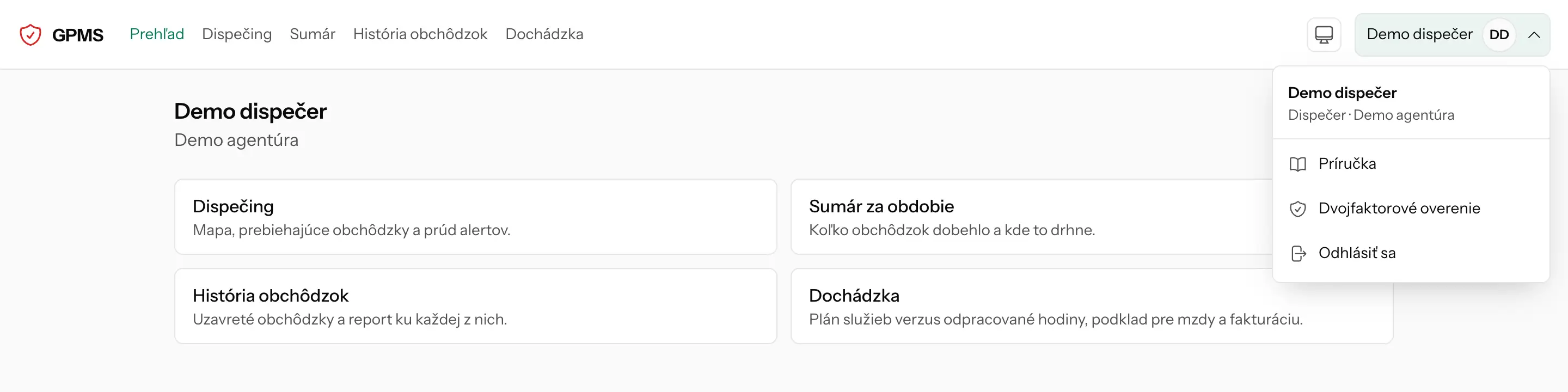 Lišta dispečera s otvoreným menu používateľa a dlaždicami prehľadu