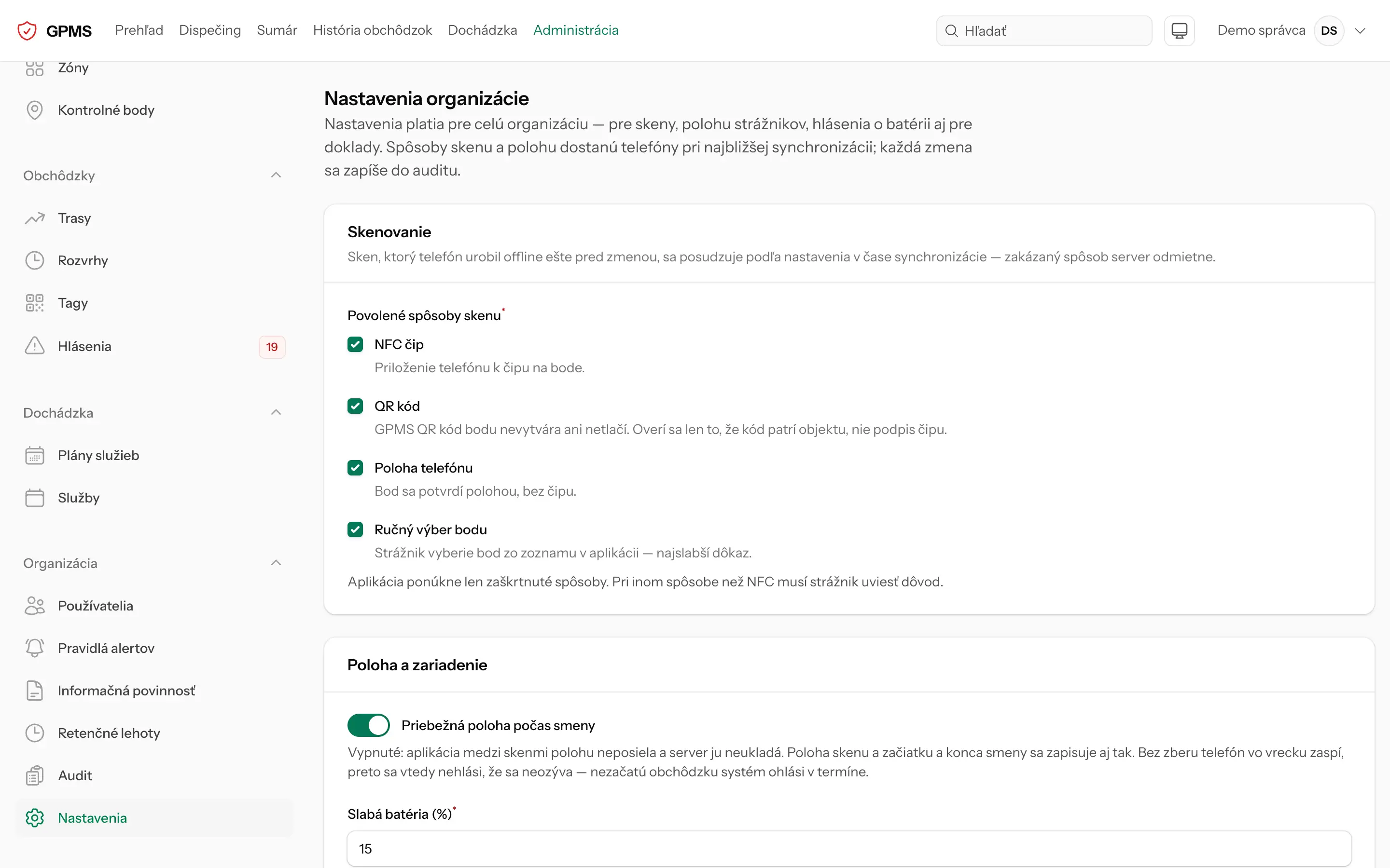 Nastavenia organizácie s povolenými spôsobmi skenu a priebežnou polohou počas smeny