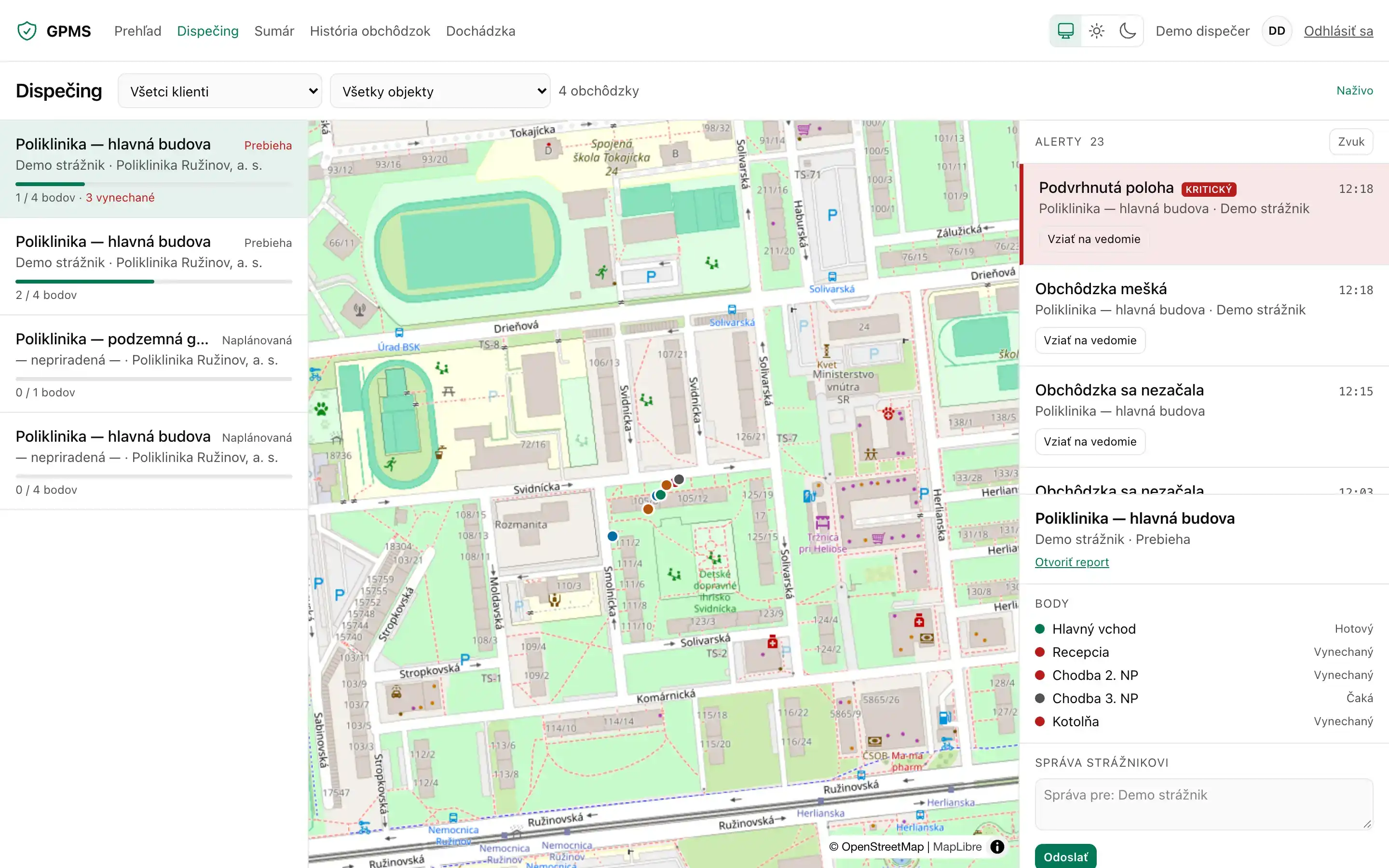 Dispečing GPMS: mapa objektov s bodmi obchôdzky, zoznam prebiehajúcich obchôdzok a prúd hlásení.