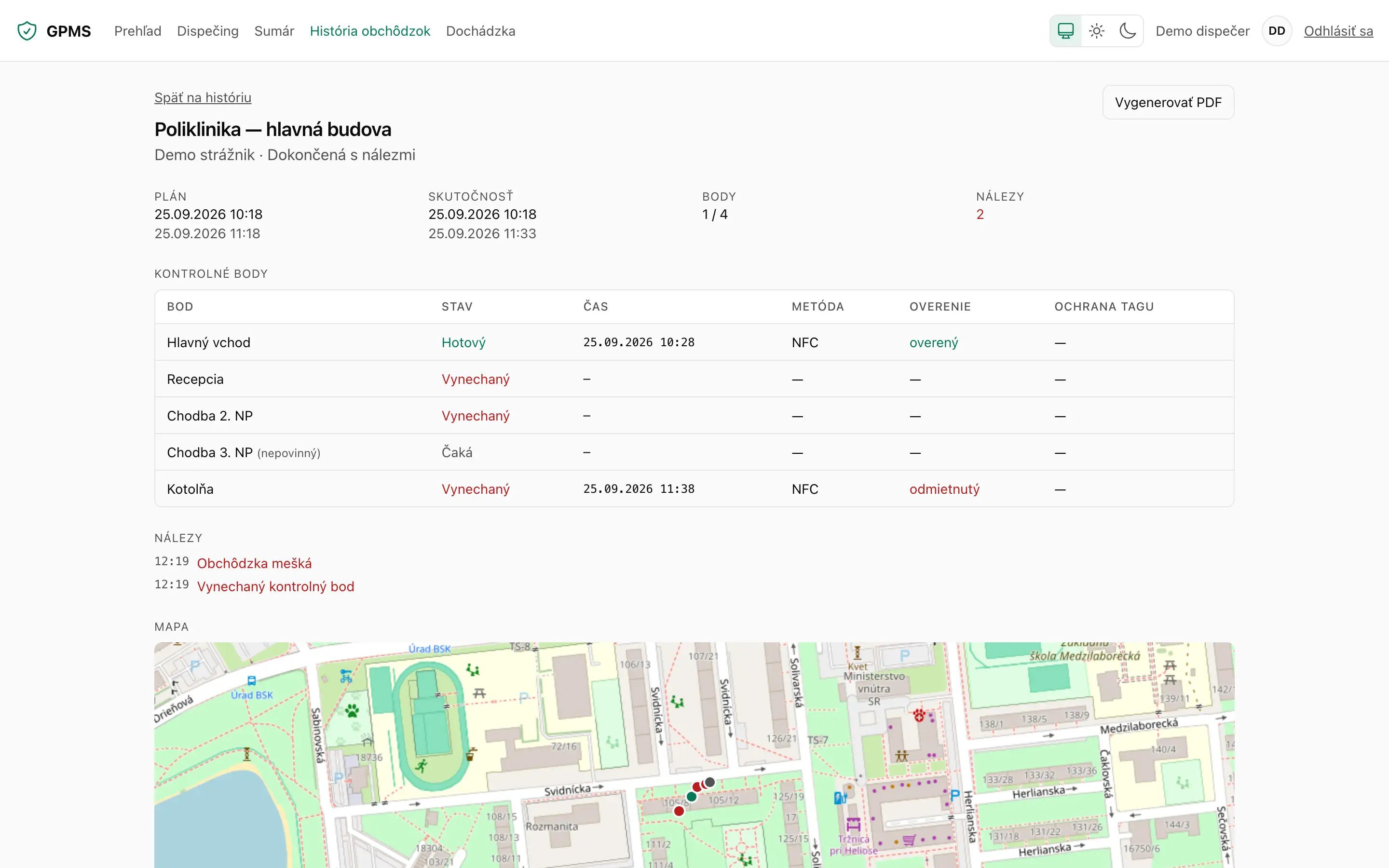 Report obchôdzky s tabuľkou kontrolných bodov, časom skenu, spôsobom preukázania a výsledkom overenia, pod ňou nálezy a mapa.
