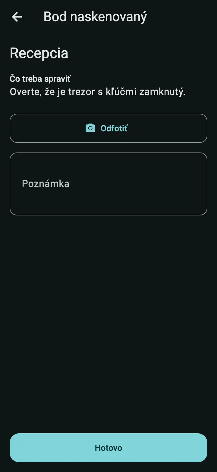 Výsledok skenu v aplikácii GPMS s pokynom, čo treba na bode spraviť.